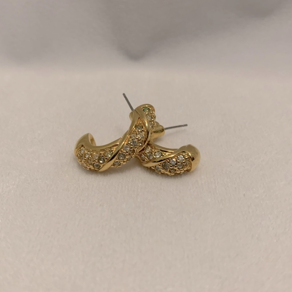 Gold Colored C shape Costume Earrings with Rhinestones